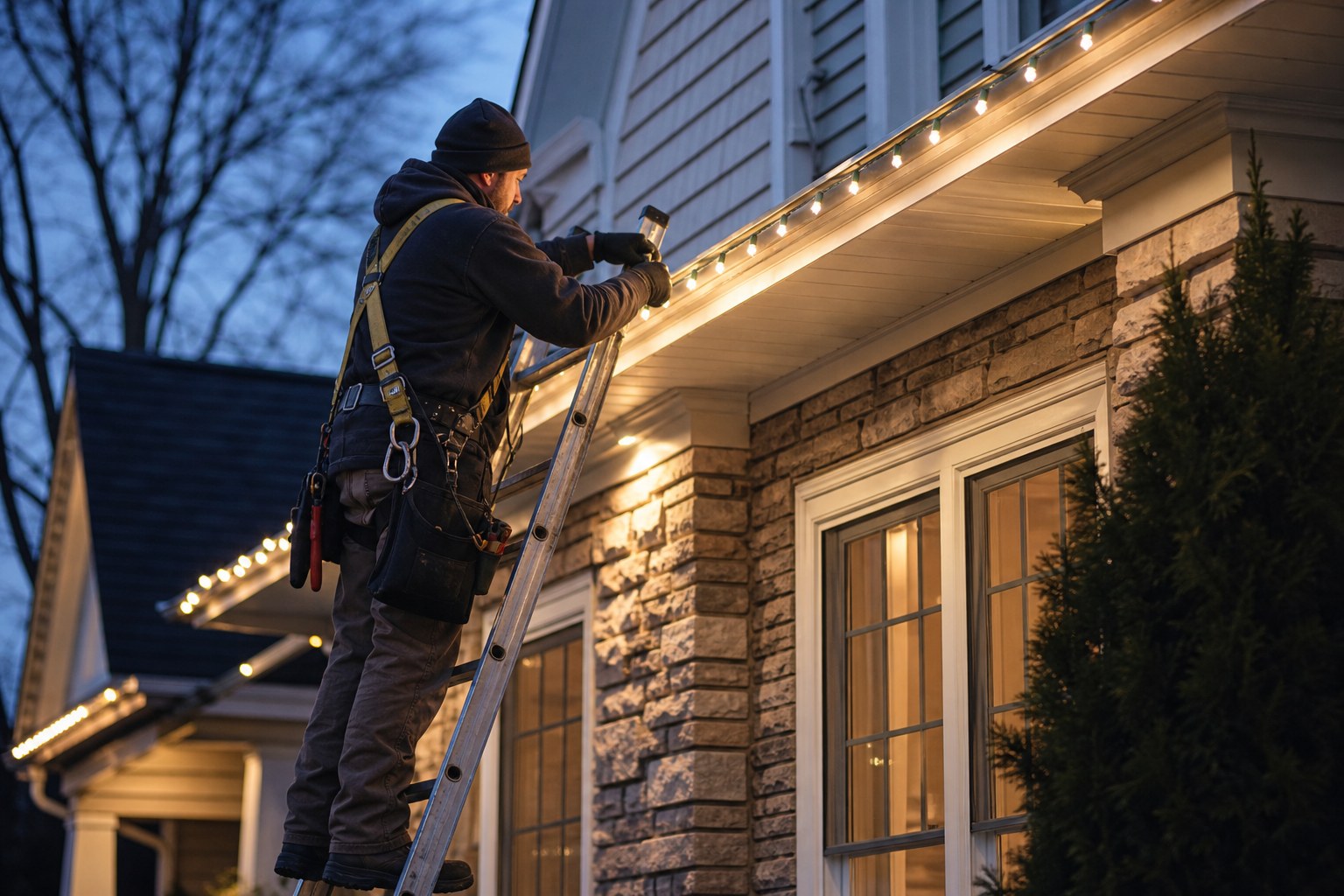 Home with warm Christmas lights installed