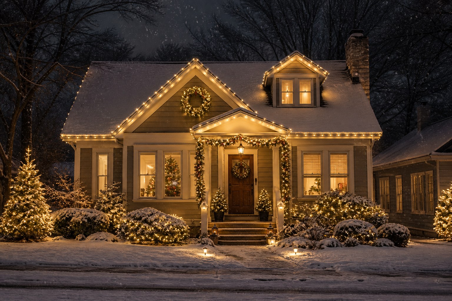 Cottages with Christmas lights in the snow