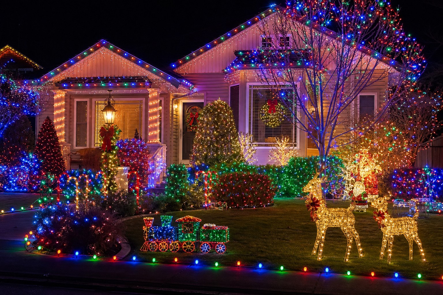 House with colourful Christmas lights